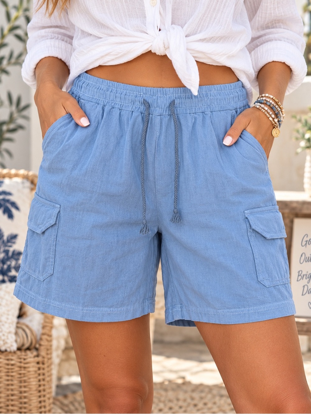 Women’s Blue Cotton Linen Cargo Shorts Size Large Drawstring Utility